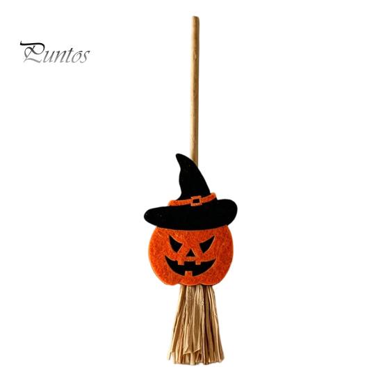 Decorative Straw Broom Props Halloween Mini Broomstick Ornament, Witch Pumpkin Bat Ghost Decor with Natural Grass Double-layer Glitter Felt