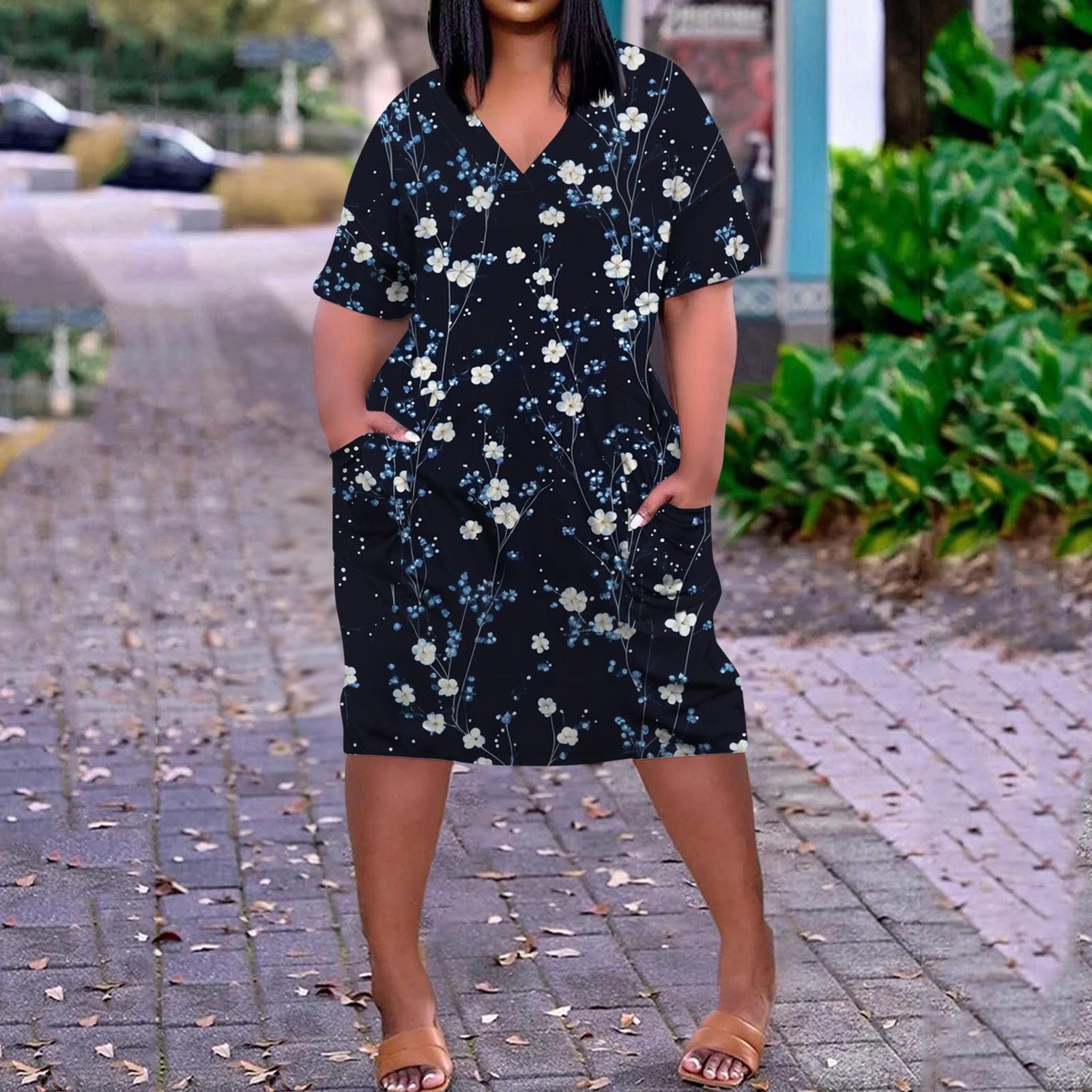 

Summer Plus Size V Neck Short Sleeve Knee Pocket Print Casual Dress For Women XL