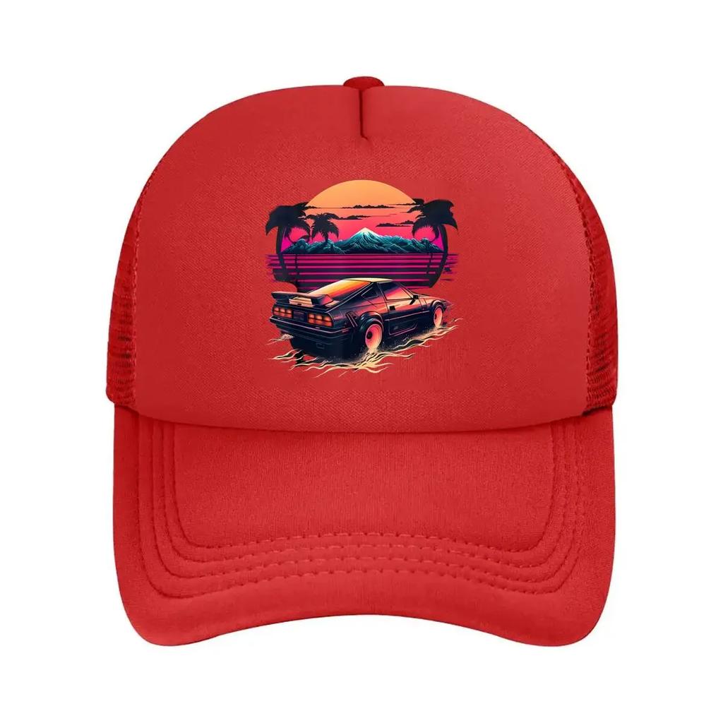Retro  Style Car with Tropical Sunset Background Mesh Baseball Cap