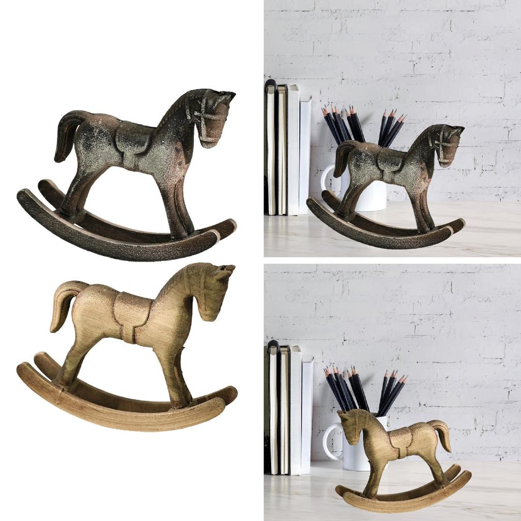 Rocking Horse Wooden Sculpture Ornament Figurine for Shelf Living Room Gift Bedroom