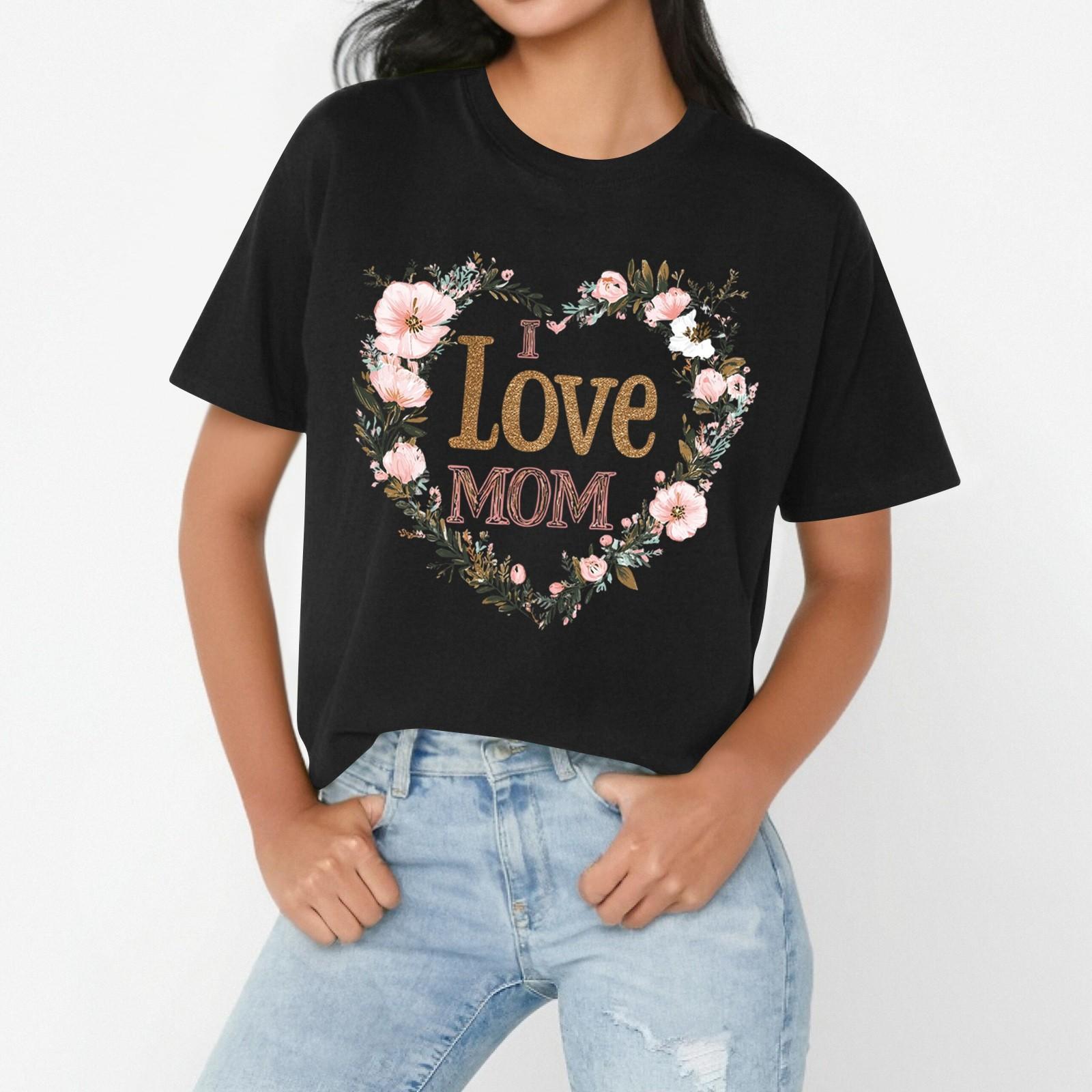 

Женская повседневная свободная футболка с принтом «День матери» I LOVE MOM, круглый вырез, короткий рукав, пуловер L чёрный