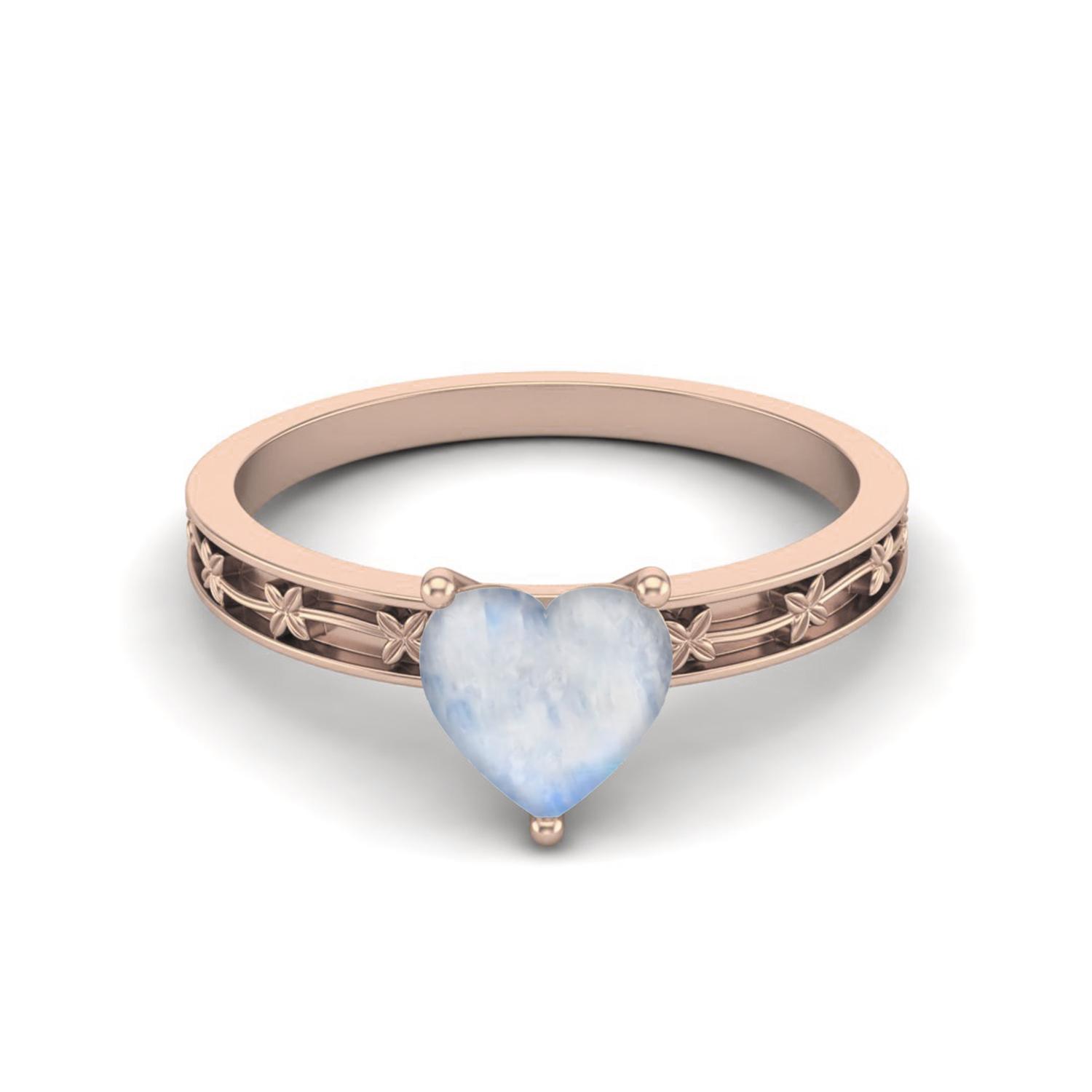 

925 Sterling Silver Rose Vermeil 0.75 Cts Heart Shape Moonstone Solitaire Flower Engraved Shank Wedding Women Ring 7 ярко-розовый