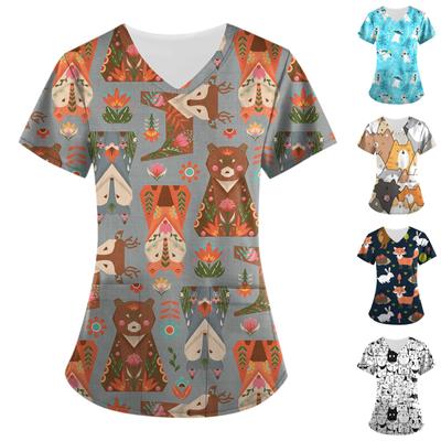 Blusa feminina com estampa de manga curta com decote em V e uniforme de trabalho