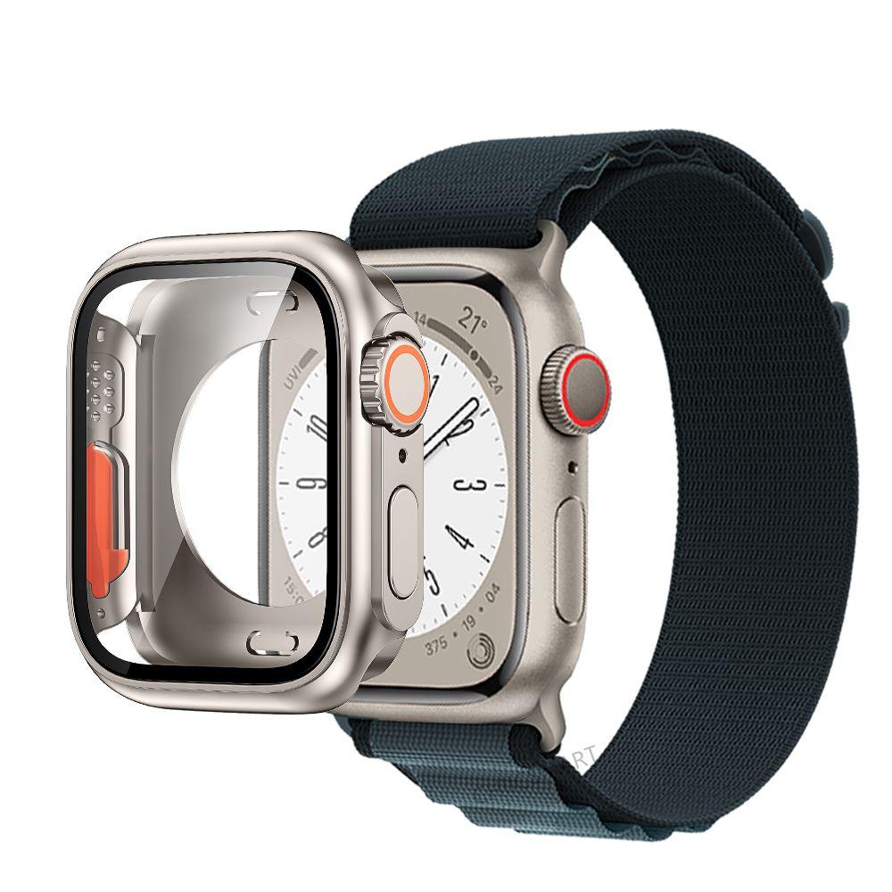 Correa de nailon con cubierta de vidrio para Apple Watch, carcasa de 44mm, 45mm, 40mm y 41mm, Protector de pantalla con correa, IWatch Series 56 Se 7 8, giro a Ultra