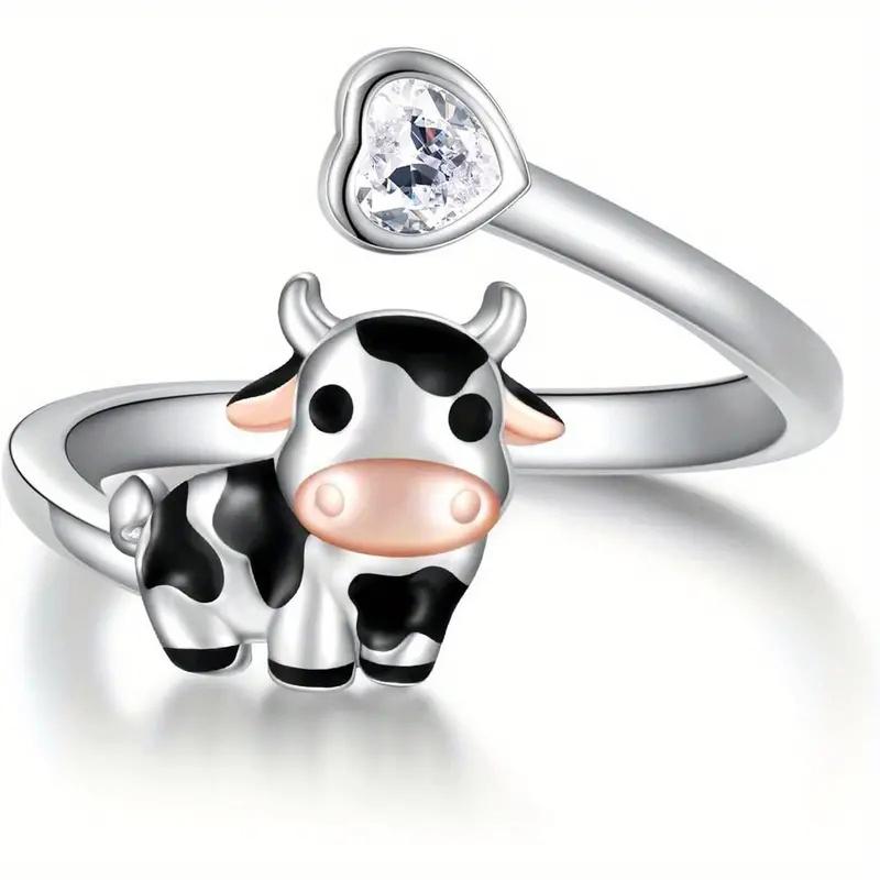 Cute Cow Opening Rings with Heart Cubic Zirconia for Women Pink Cow Animal Finger Accessory Daily Wear Statement Jewelry