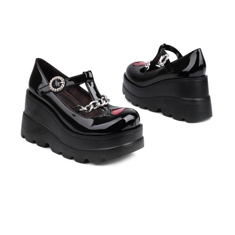 

Женские туфли-лодочки из искусственной кожи, туфли на высоком каблуке на танкетке с круглым носком и Т-образной цепочкой, вечерние туфли с кристаллами в стиле панк, весенне-осенняя обувь 35 чёрный