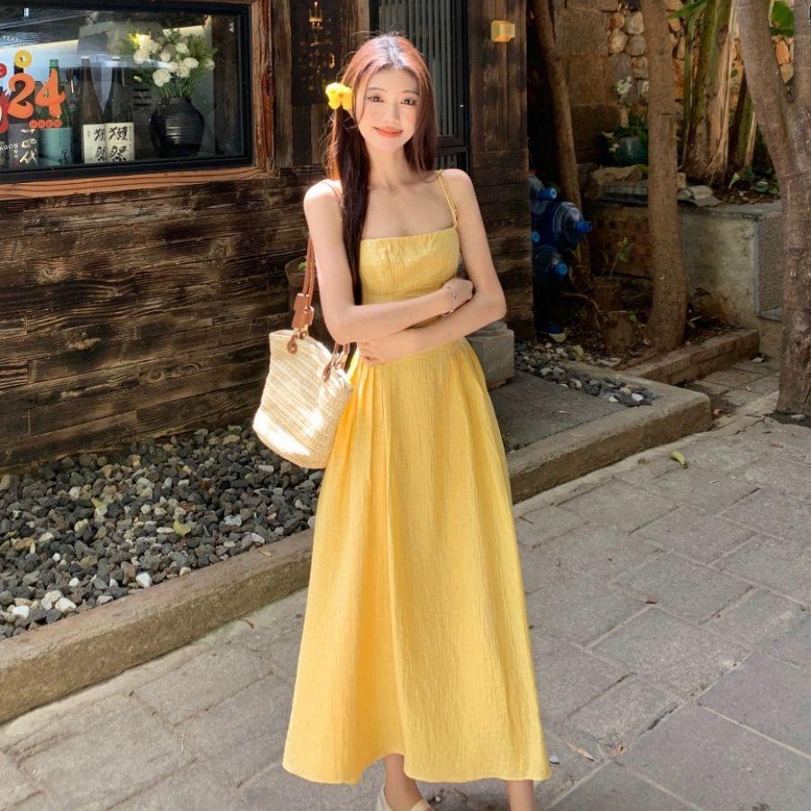 Summer New French Small Yellow Suspender Dress Women's Clothing Waist Temperament Long Dress Seaside Vacation Skirt
