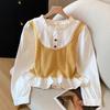 Women's 2025 Autumn Color Block Patchwork Faux Two-Piece Long-Sleeve Loose Petite Top