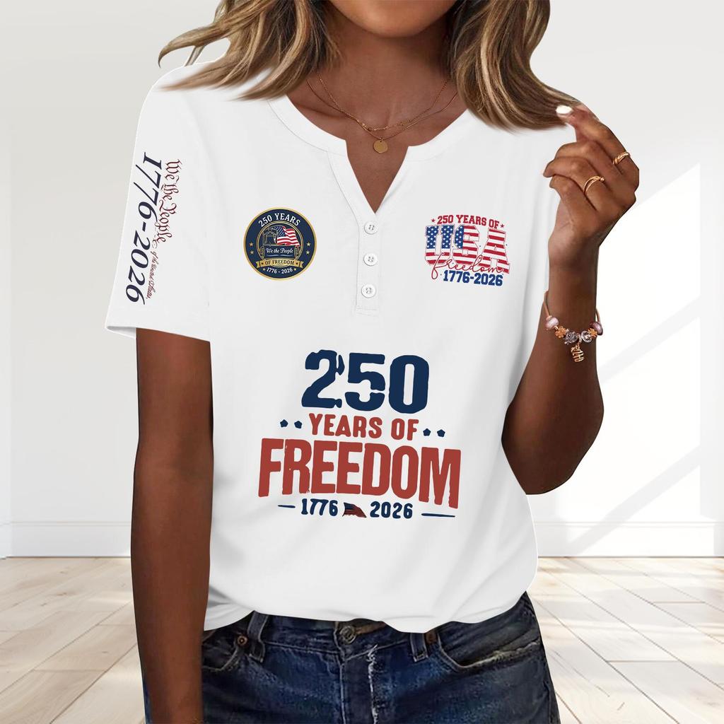 Women's Fashion Casual 250th Anniversary Independence Day Print V-Neck Short Sleeve Decorated Button-Up T-Shirt