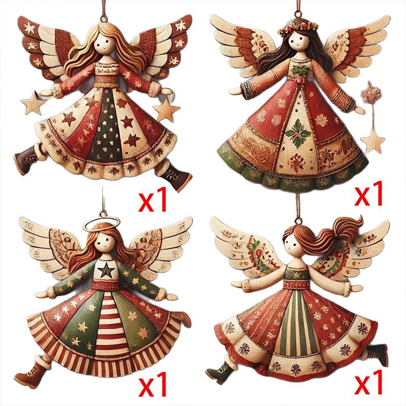 Vintage Christmas Wooden Angel Ornaments Wood Laser-Cut Rustic Christmas Tree Pendant Decorations for Home Xmas Winter Party