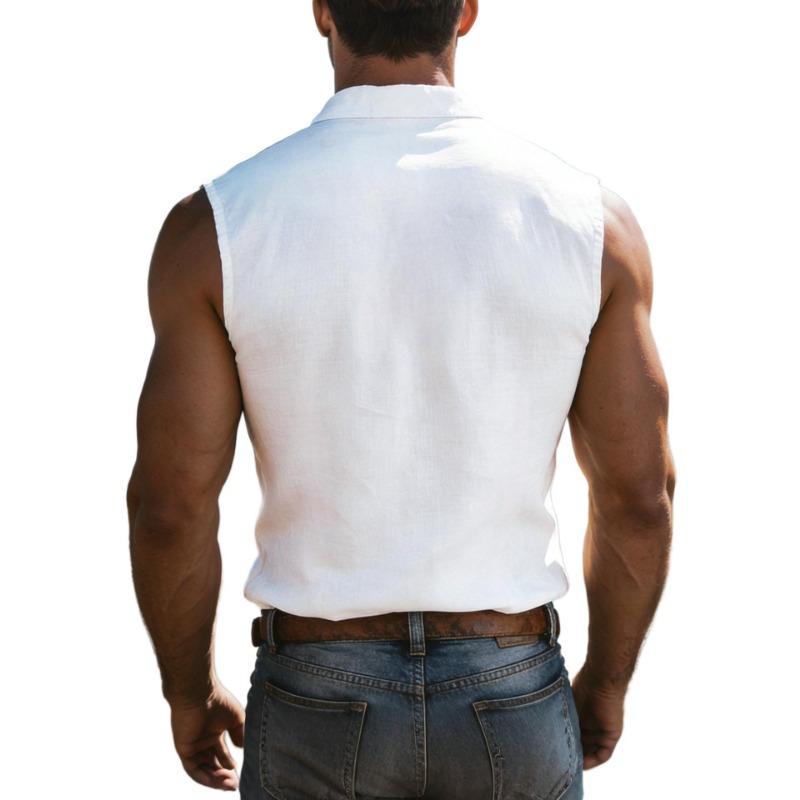 Ärmelloses Henley-Hemd für Herren aus Leinenmischung mit Brusttasche, Mehrfarbig, Lässiges Sommer-Tanktop
