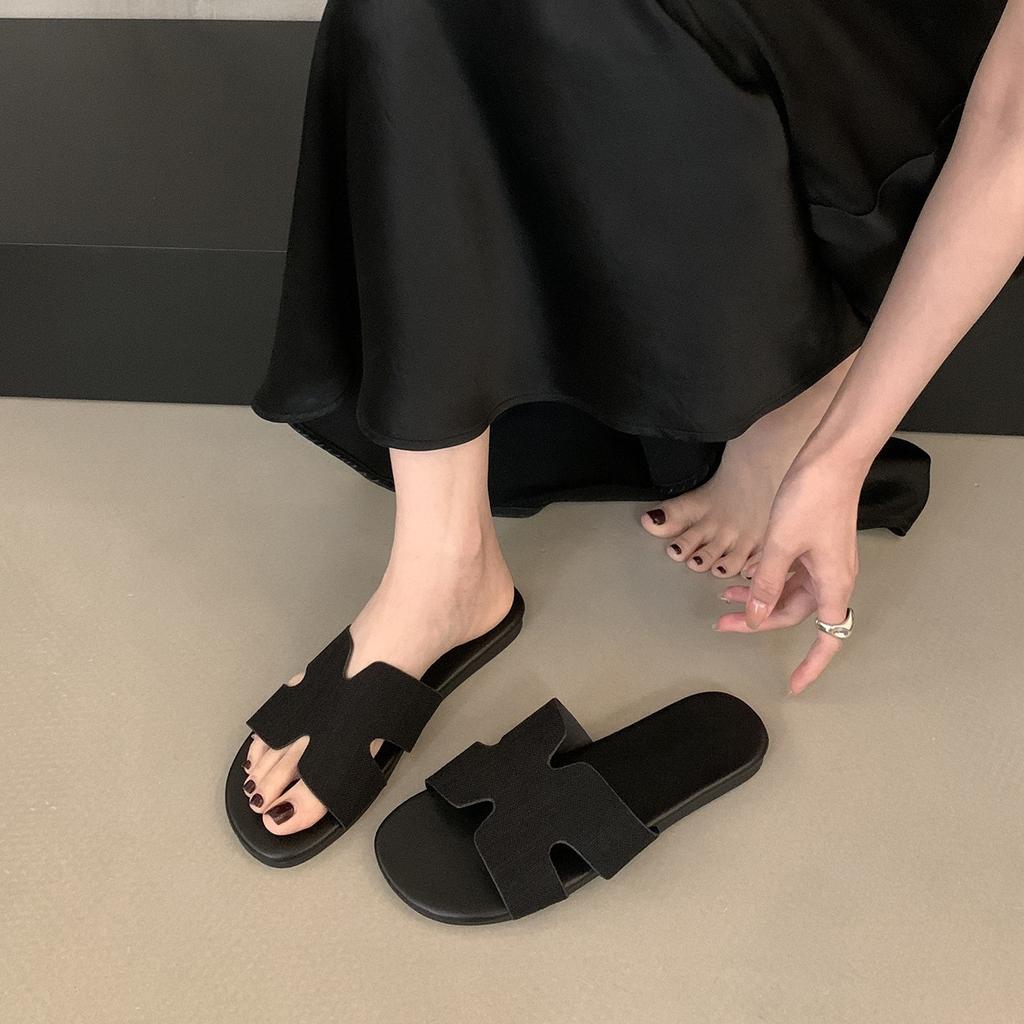 French linen one-word flat-bottomed cool slippers women's summer wear 2025 new vacation style seaside soft sandals