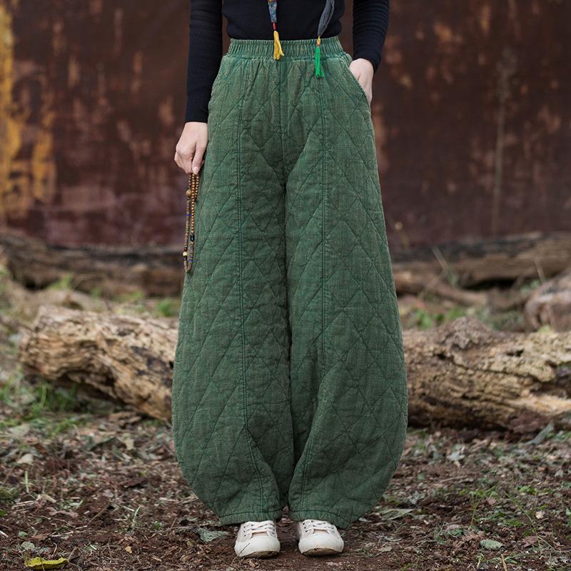 Johnature Women Vintage Winter Warm Bloomers Pants Solid Color Elastic Waist Trousers Loose Pocket Pants
