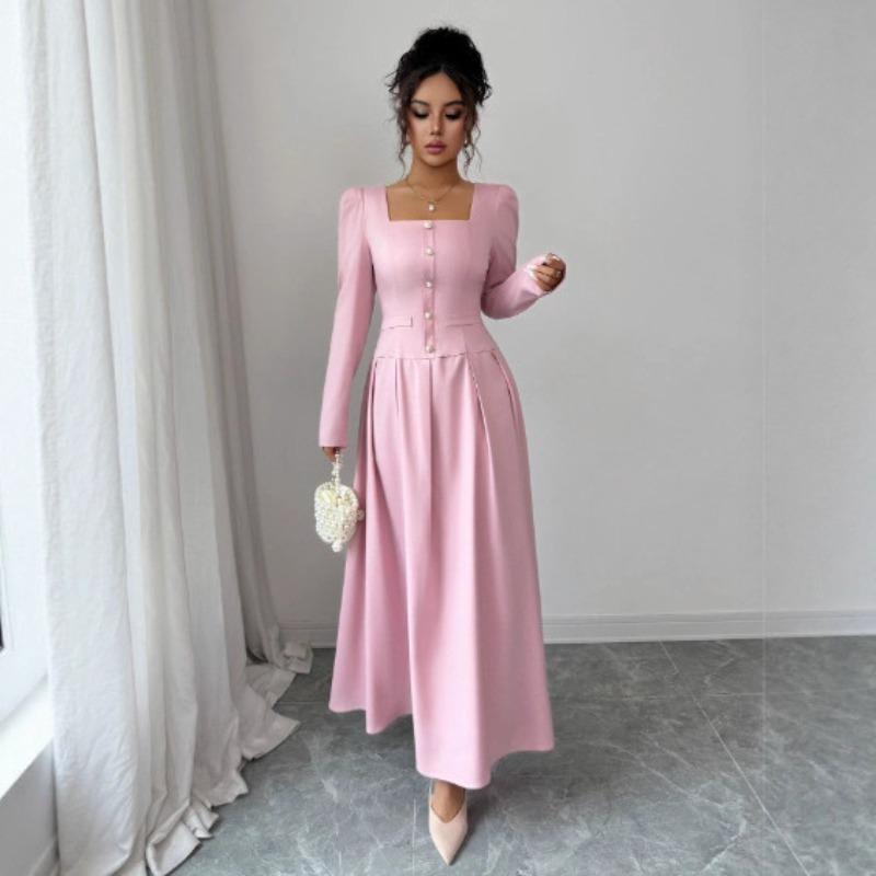 

European and American cross-border new waist and thin temperament high-end dress women s French single-breasted square collar pleated XL рожевий