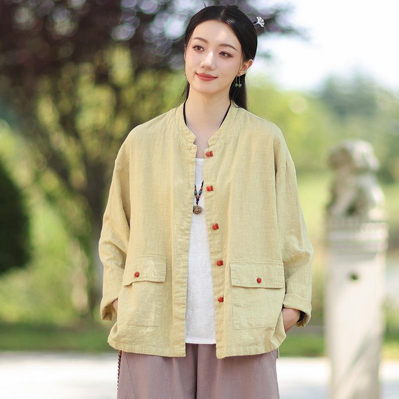 Women's Mandarin Collar Long Sleeve Blouse Loose Fit Zen Style Linen Jacket With Color Contrast Frog Buttons For Autumn Wear