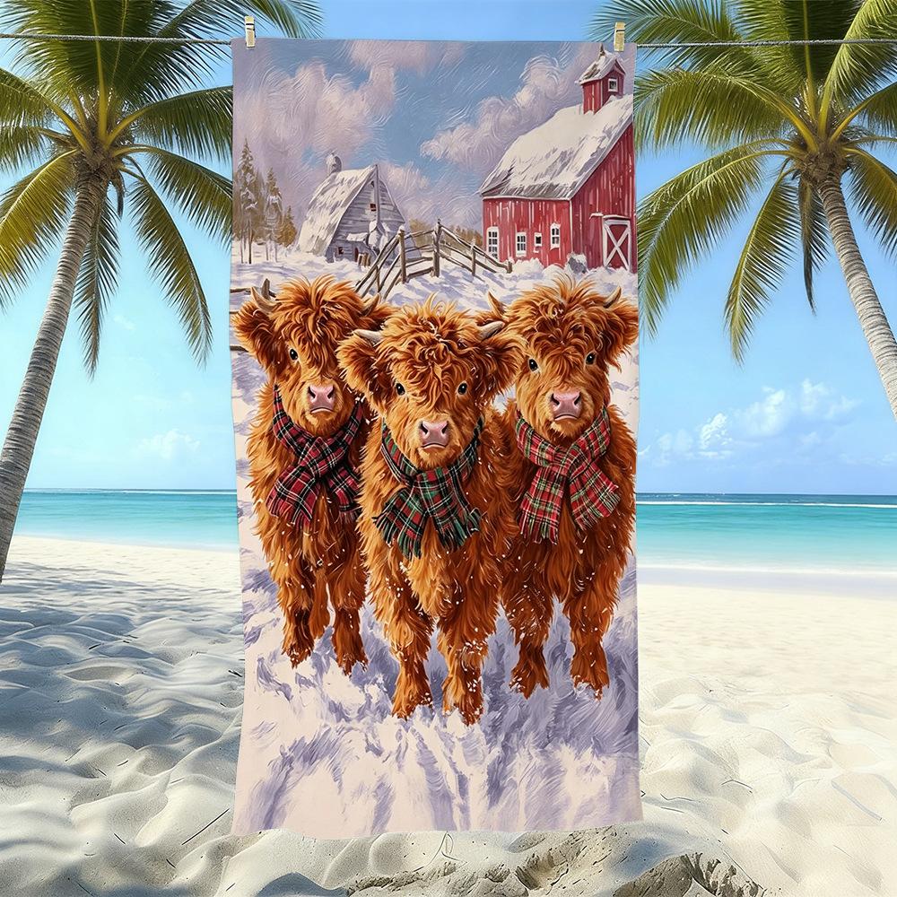 Europäisches und Amerikanisches Retro Hochlandrind Druck Strandtuch Mikrofaser Verdickt Wasseraufnahme Schnelltrocknend Outdoor Badetuch