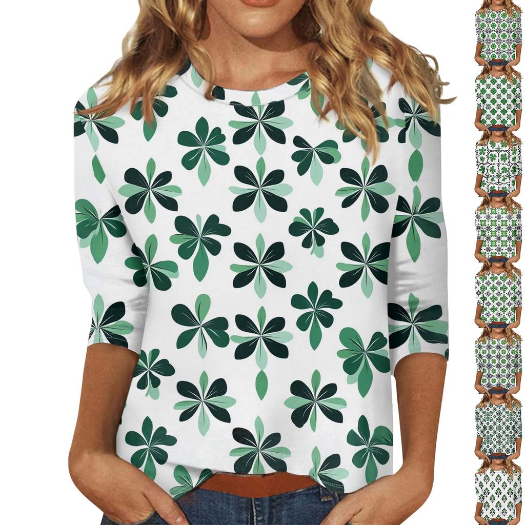 3/4 Sleeve Shirts For Women Print Tees Blouses Casual Plus Size Basic Tops Pullover
