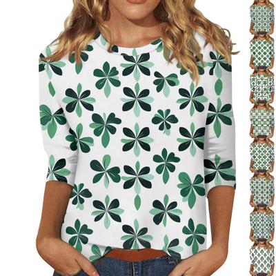 3/4 Sleeve Shirts For Women Print Tees Blouses Casual Plus Size Basic Tops Pullover