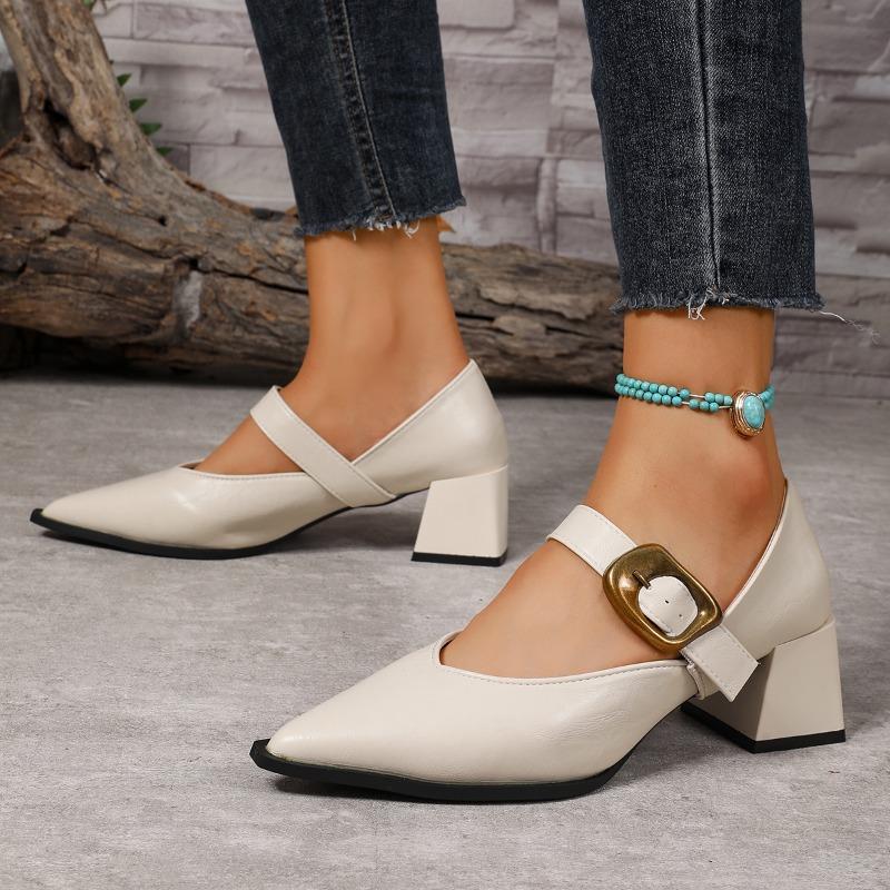 Fashion Metal One-line Belt Square Heel One Knee Autumn New Pointed Toe Shallow Mouth Non-slip Wear-resistant Low-top Shoes