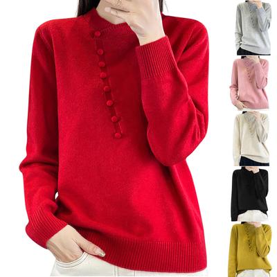 Damenmode Lässiger Pullover Strickpullover mit Knöpfen, Einfarbig, Langärmeliges Oberteil