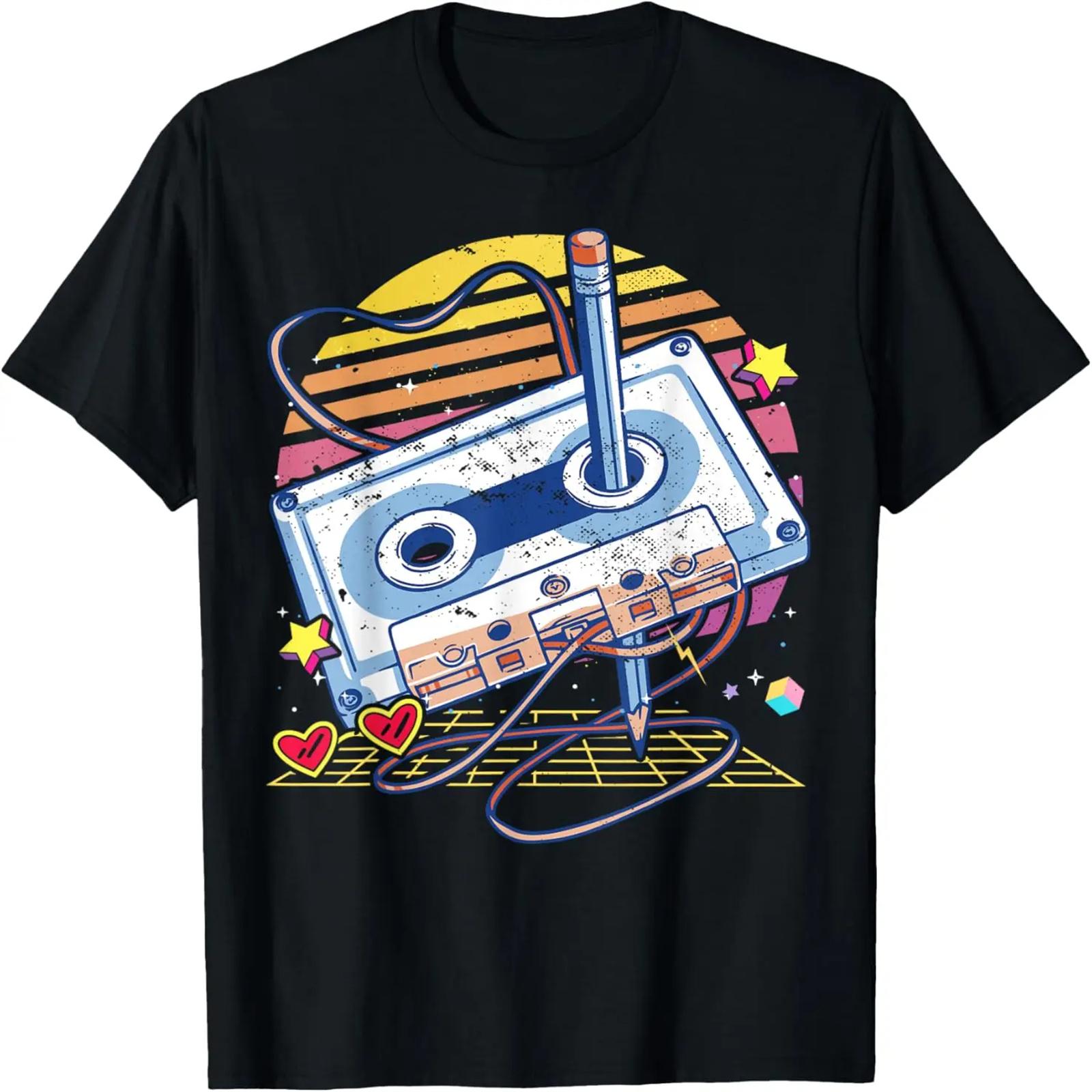 

Винтажная ретро футболка для костюма на вечеринку с кассетой и ручкой в стиле 80-х и 90-х S чёрный