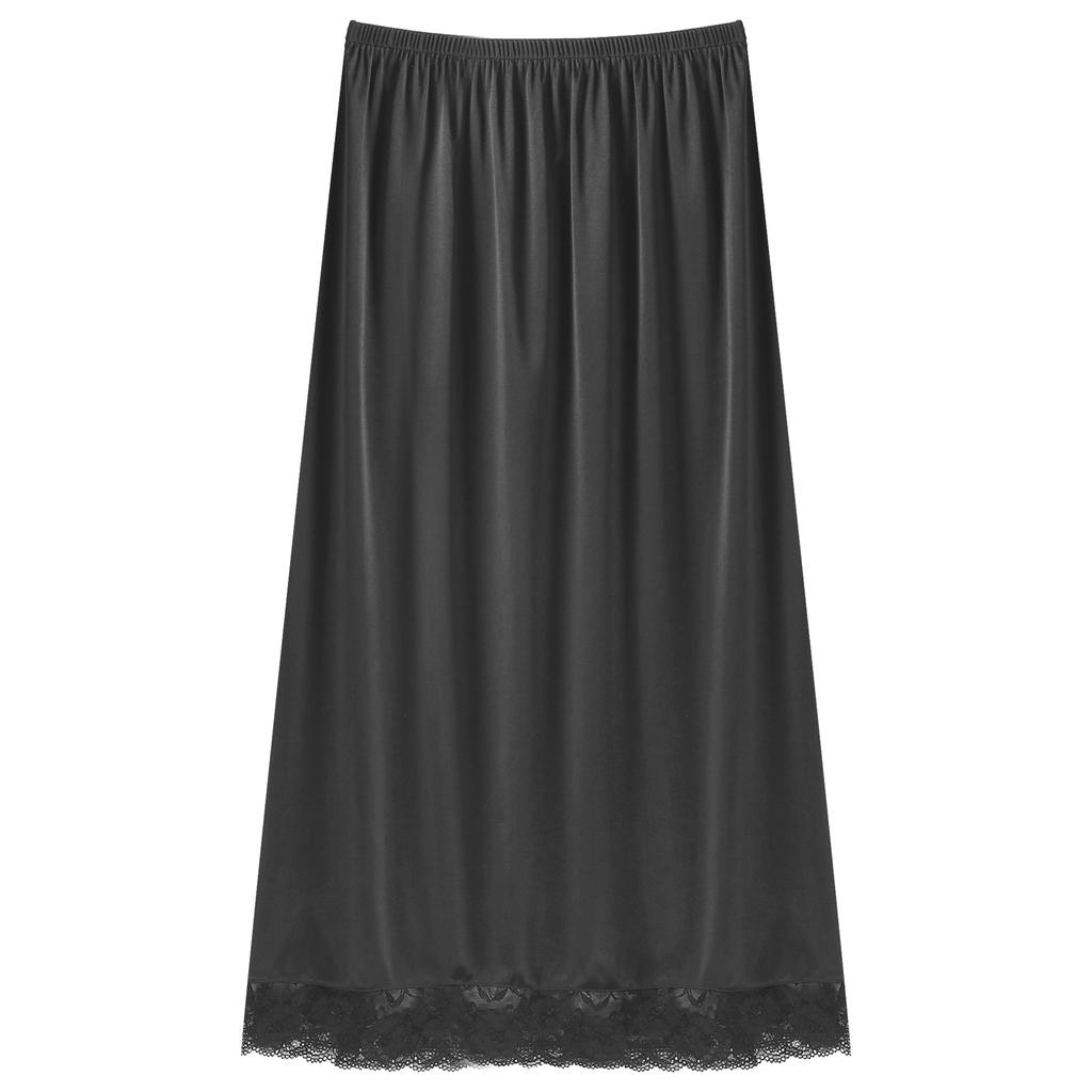 Women Stylish Clothing Elastic Waistband Lace Hem Skirt Thin Silk Satin Solid Color Inner Skirt