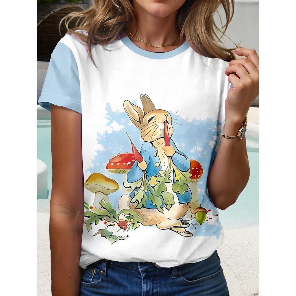 Women's Fun Rabbit Printed T-shirt Short Sleeve T-shirt Top 3D Printed Round Neck Shirt Summer Casual Women's Clothing