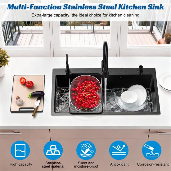 Black Kitchen Sink, Embedded/Top Mounted Stainless Steel Workbench Sink with Cutting Board & Drainage Basket, Single Bowl Sink with Accessories (31.5