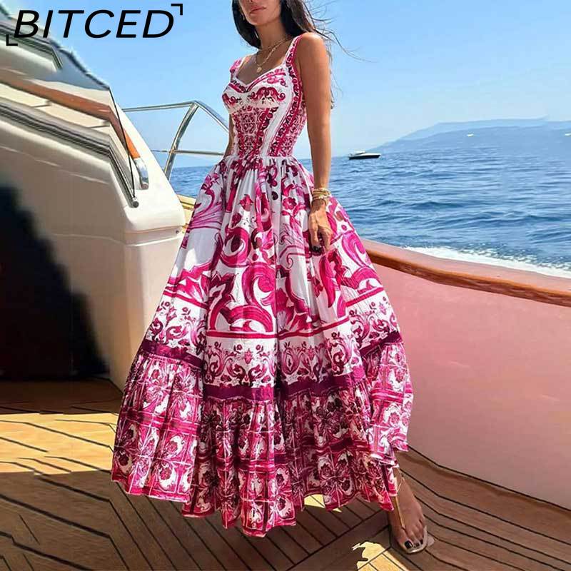 BITCED Spring Collection Bohemian-inspired Elegant Mid-Length Wide-Hem Printed Halter Neck Dress