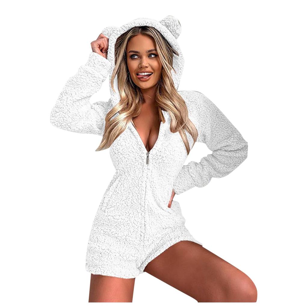 Women Long Sleeve Hooded Jumpsuit Pajamas Casual Winter Warm Rompe Sleepwear