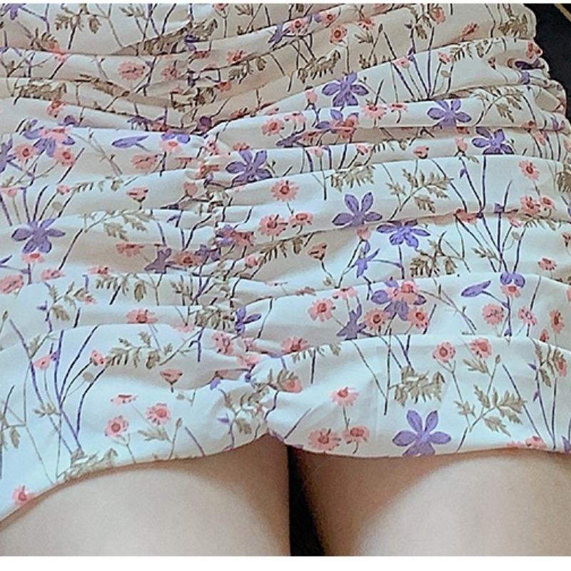 Summer Dress Women's Feminine Low-cut Slim Hip Pleated Floral Chiffon Skirt