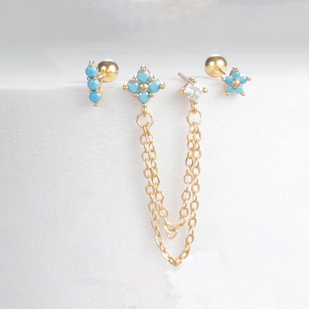 3PCS Vintage Zircon Flower Stud Earring Set For Women Stainless Steel Double Studs Chain Tassel Piercing Earring Fashion Jewelry