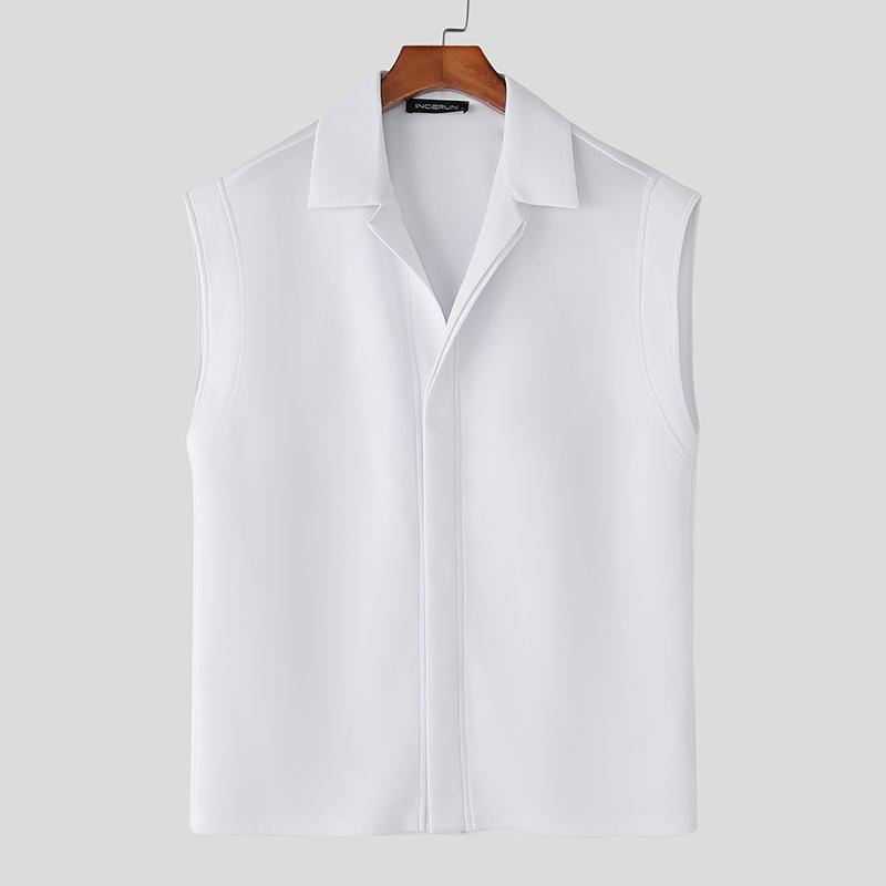 

INCERUN Мужские однотонные повседневные рубашки с отложным воротником, без рукавов, на пуговицах S белый