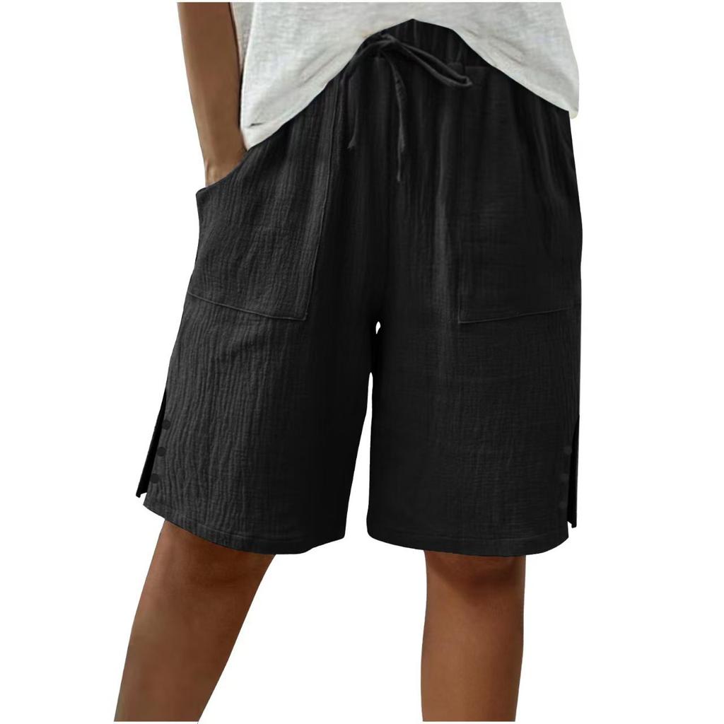 Women's Cotton Linen Drawstring Elastic Waist Casual Shorts with Pockets and Side Split Buttons