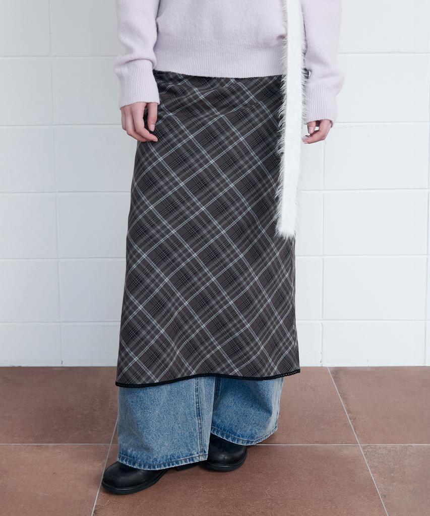 Lora Lora Check Slim Long Skirt Brown