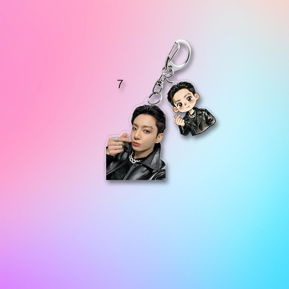 

BTS Black Leather Jacket Double Charm Acrylic Keychain, Bangtan Boys Real Photo + Cartoon Figure Keyring, Kpop Idol Bag Pendant for ARMY Fans JUNGKOOK