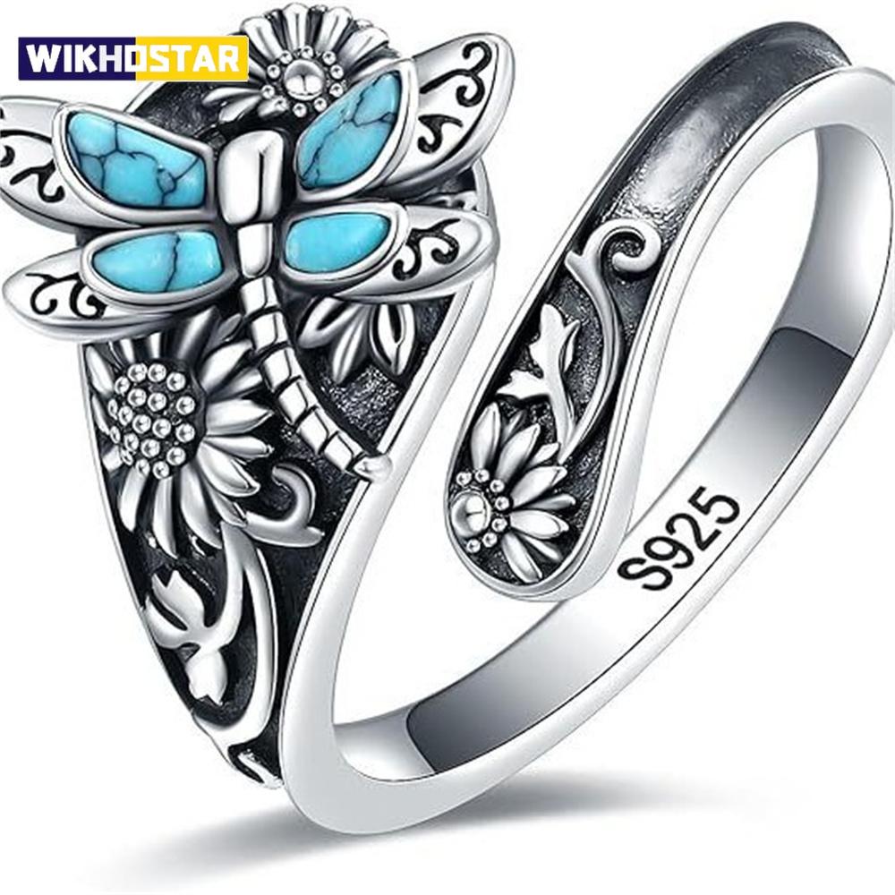 1 Pcs 925 Sterling Silver Vintage Ring Flower Dragonfly Blue Opal Open adjustable Rings Jewelry Birthday Gift For Women Men