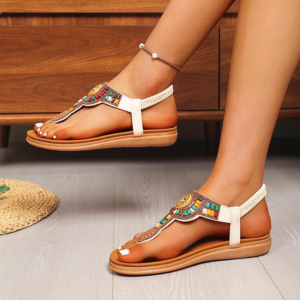 Large size rhinestone herringbone clip toe thick bottom ethnic elastic band bead beach sandals