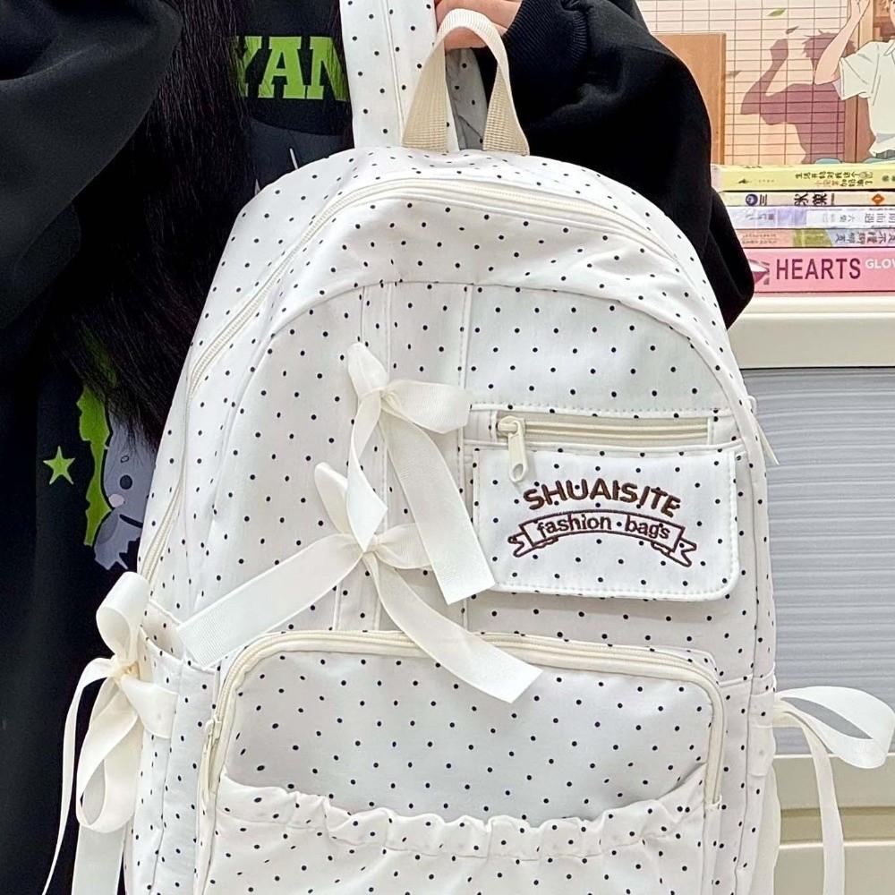 Zaino a pois con fiocco, grande capacità, multi-scomparto, daypack, borsa scolastica alla moda per adolescenti
