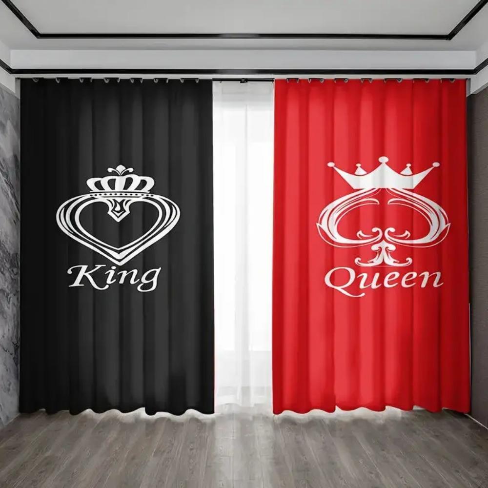 Simple King and Queen Crown Print Window Curtains, Black and White Color, Creative, Bedroom, Living Room, Kitchen