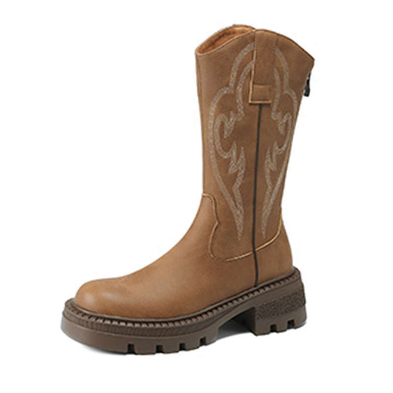 Brown Embroidered Retro Western Cowboy Boots Women's 2025 New Autumn V-mouth Knight Boots Thick-soled Thin Short Boots