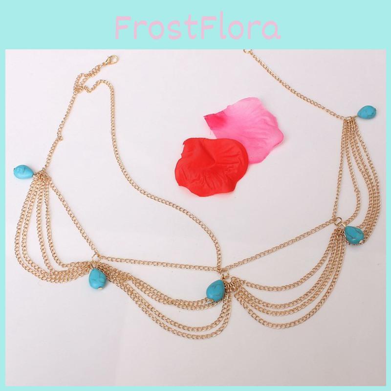 Fashionable Simulated Turquoise Decor Multi Layer Chain Design Women Headwear For Festivals