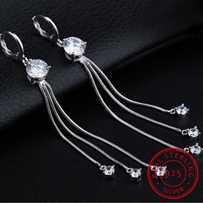 Fine Jewelry Long Tassel Chain Real 925 Sterling Silver Shiny Zirconia Drop Earrings Boucle D 'Oreille For Women Delicate Gifts