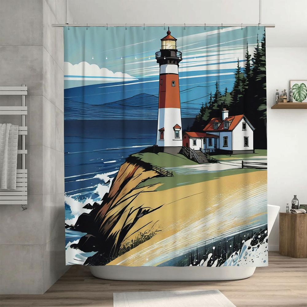 Outdoor Living Waterproof Shower Curtain Lighthouse Beach Design (180x270cm)