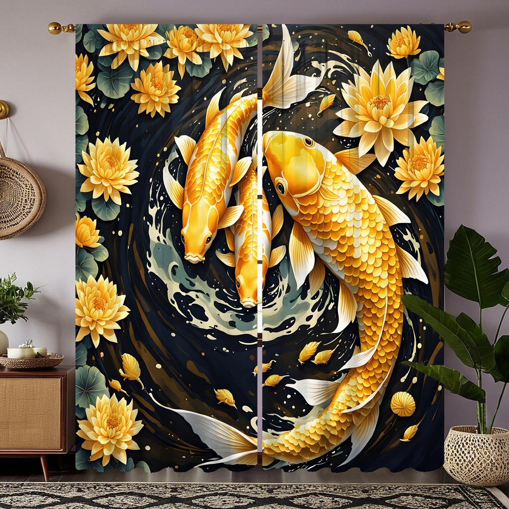 2 Stück HD Lotus Teich Jahresfisch Dekovorhang Schwarze Bindung Digital bedruckter Vorhang Heimdekorationsstil Dekoration livi