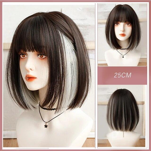 AS černé krátké rovné syntetické paruky s ofinou Bob paruka pro ženy Denní Cosplay Party Tepelně odolné umělé vlasy