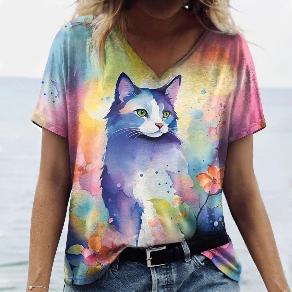 T-Shirts Women's Fashion T-Shirt Cat Print Casual Comfort Short Sleeve Crew Neck Pullover Clothing