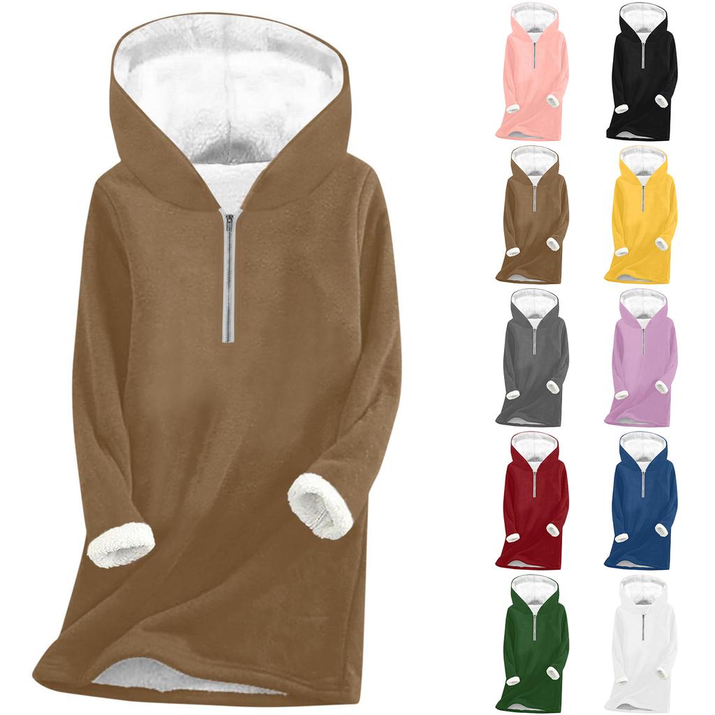 Fashionable women's fleece hooded solid color zipper long-sleeved top