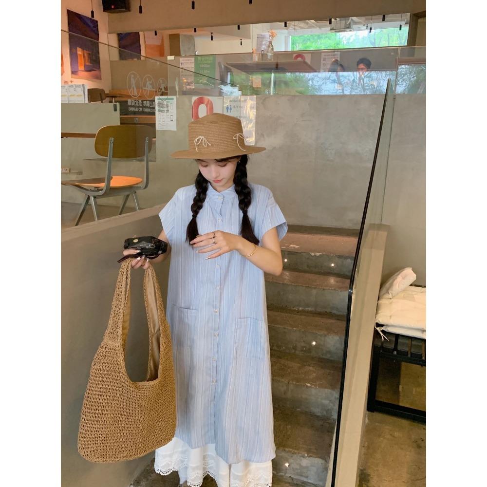 Summer Blue Shirt Dress Women's Loose Casual Gentle Style Long Skirt Two-Piece Set Layering Clothing Female Fashion