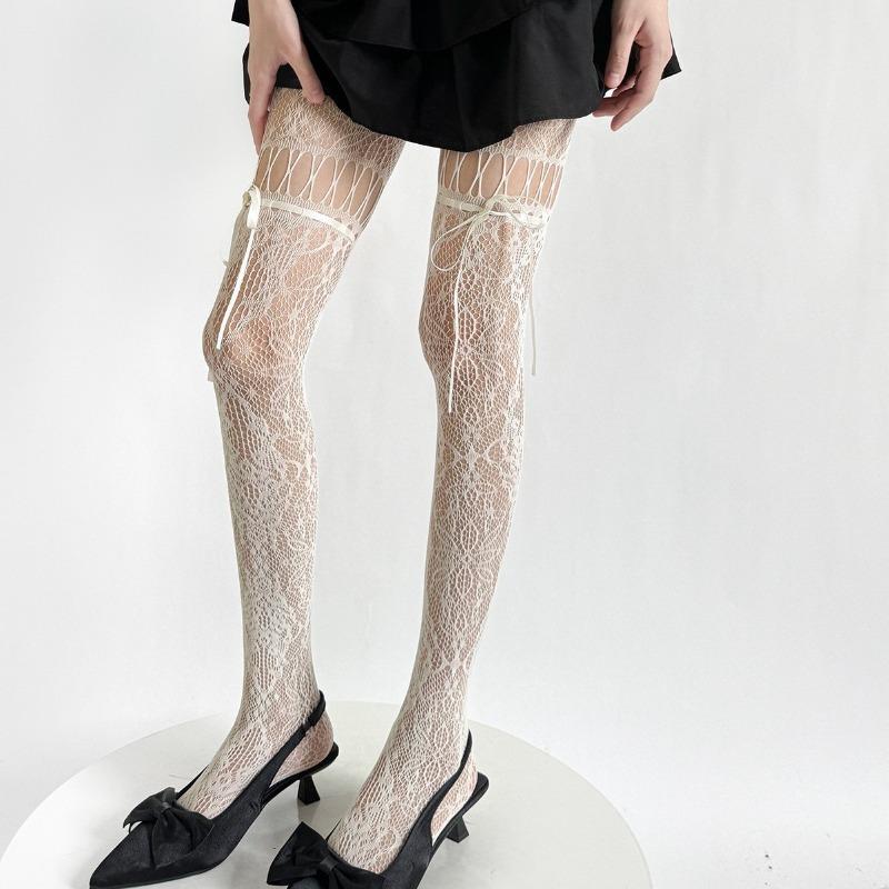 Women JK Lace Bow Tie Hollow Out Stockings Sexy Flower Bottoms Socks Women Pantyhose Tights Night Club Cosplay Party Accessories